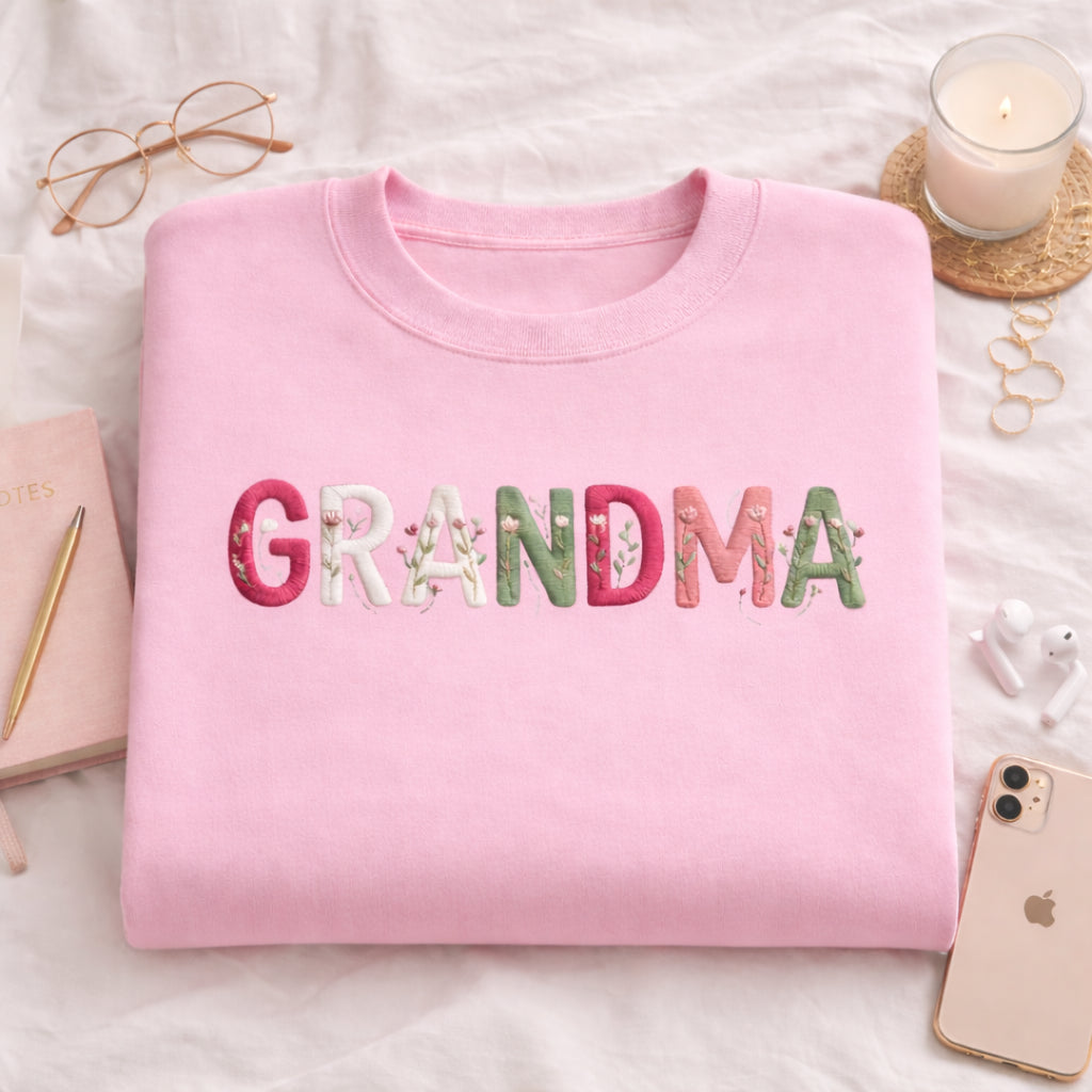 Grandma Floral Letter Wildflower Botanical embroidered sweatshirt — front view