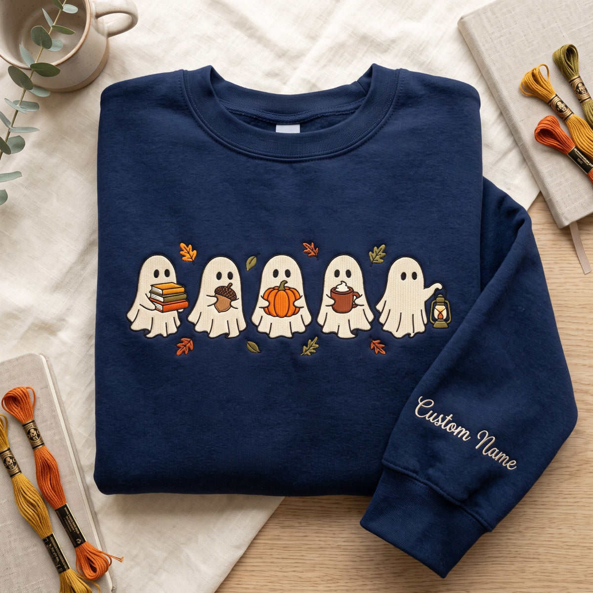 Personalized Five Halloween Ghosts Fall Autumn Acorn Pumpkin Books Lantern Sleeve Name embroidered sweatshirt — front view