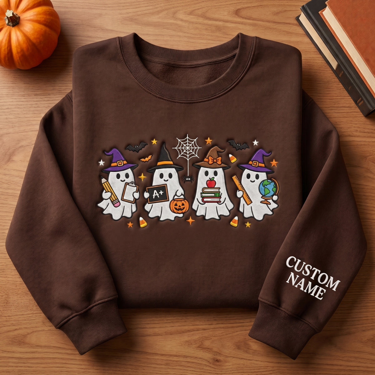 Personalized Halloween Teacher Ghost Witch Hat Apple Books Globe embroidered sweatshirt — front view