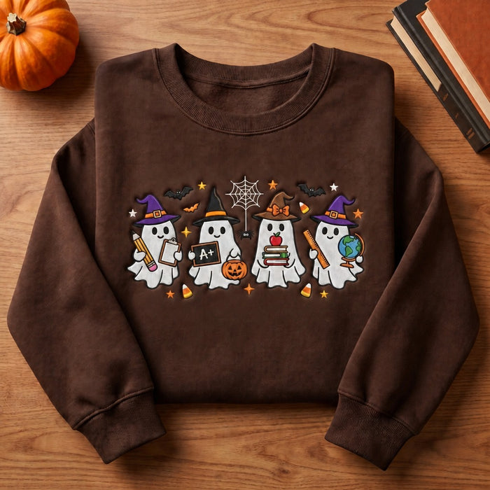 Personalized Halloween Teacher Ghost Witch Hat Apple Books Globe Embroidered Sweatshirt