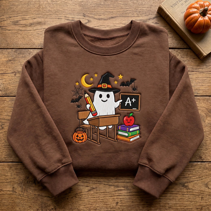Personalized Halloween Ghost Teacher Witch Hat Desk Chalkboard Apple Books Embroidered Sweatshirt