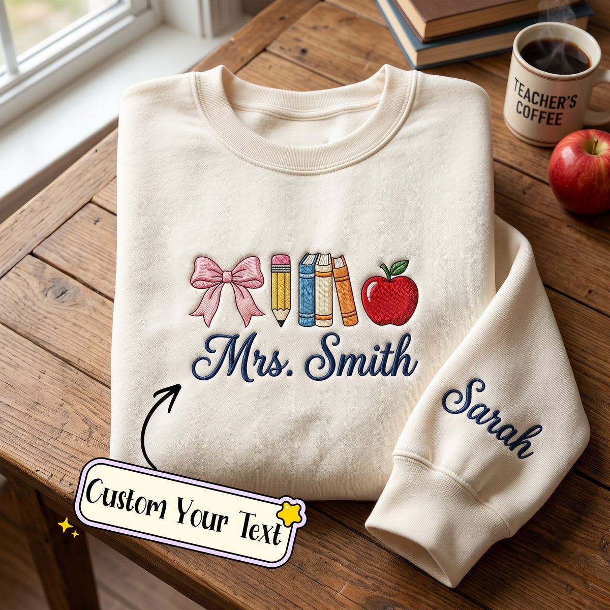 Personalized Teacher Bow Pencil Books Apple Name embroidered sweatshirt — front view
