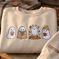 Personalized Fall Autumn Ghost Coffee Book Leaves Cozy Halloween embroidered sweatshirt — front view