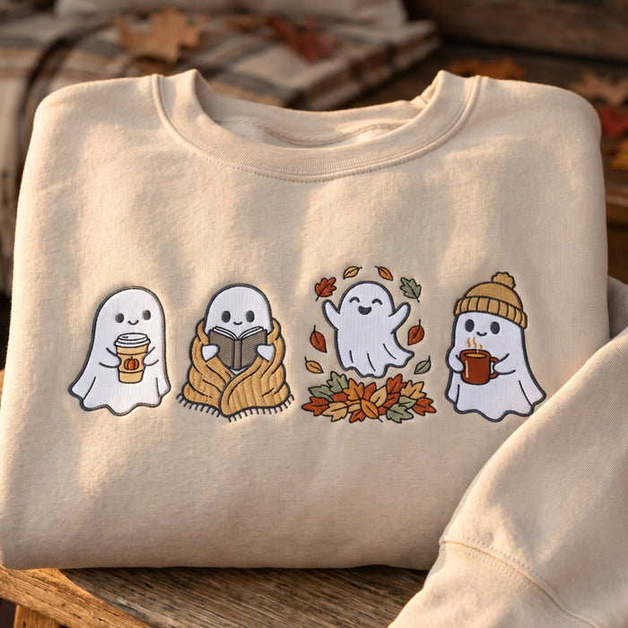 Personalized Fall Autumn Ghost Coffee Book Leaves Cozy Halloween Embroidered Sweatshirt