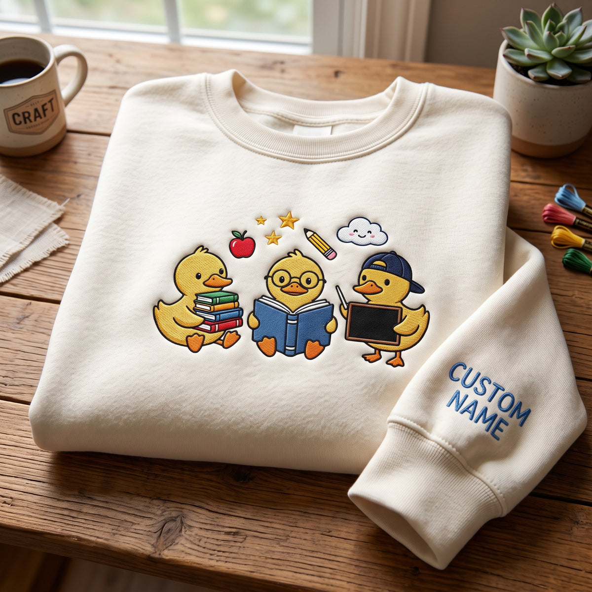 Personalized Three Ducks Books Chalkboard Teacher to School embroidered sweatshirt — front view