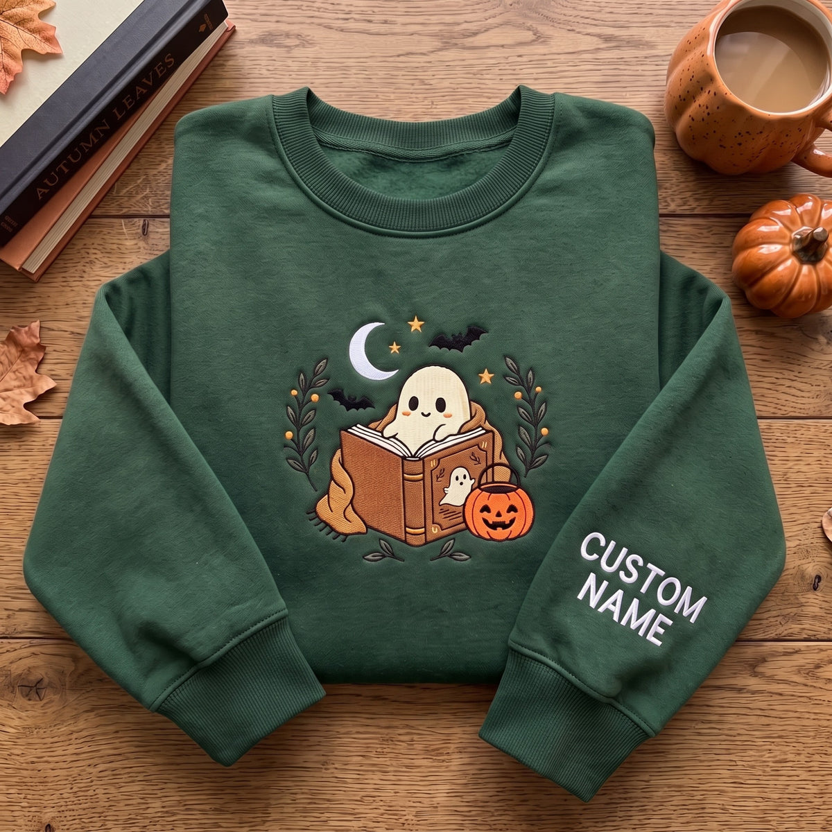 Personalized Halloween Reading Ghost Pumpkin Moon Bats Book embroidered sweatshirt — front view