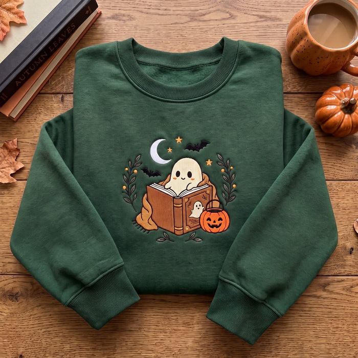 Personalized Halloween Reading Ghost Pumpkin Moon Bats Book Embroidered Sweatshirt