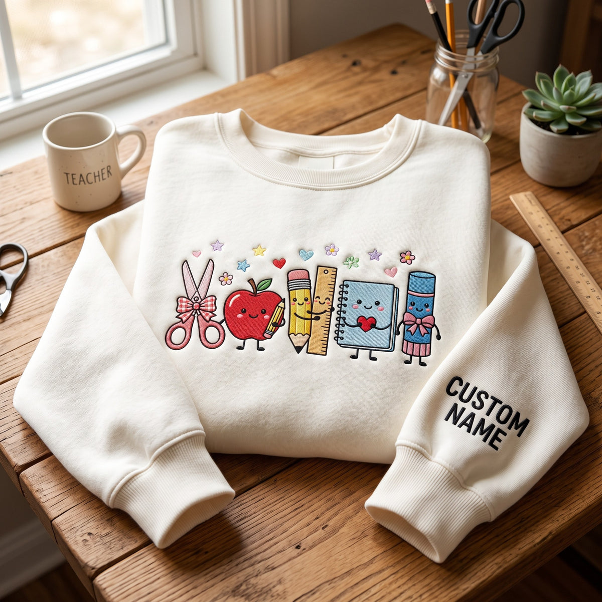 Personalized Teacher School Supplies Cute Characters Custom Name Sleeve embroidered sweatshirt — front view