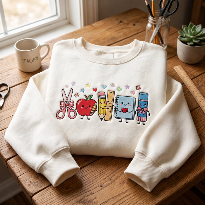 Personalized Teacher School Supplies Cute Characters Custom Name Sleeve Embroidered Sweatshirt
