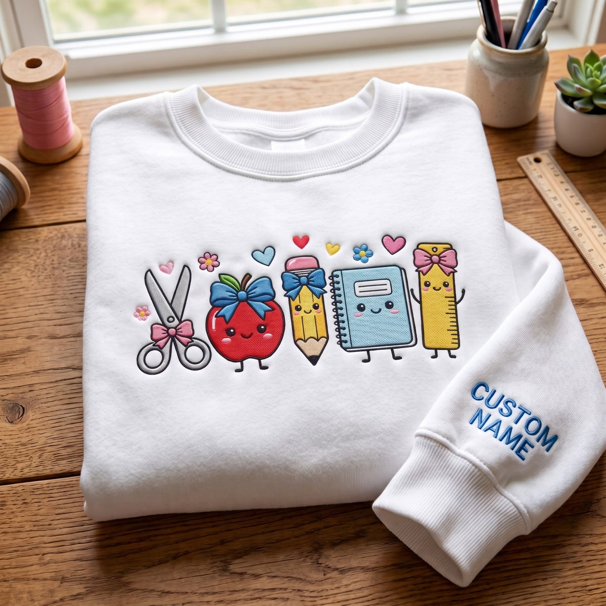 Personalized Teacher School Supplies Kawaii Scissor Apple Pencil Notebook Ruler embroidered sweatshirt — front view