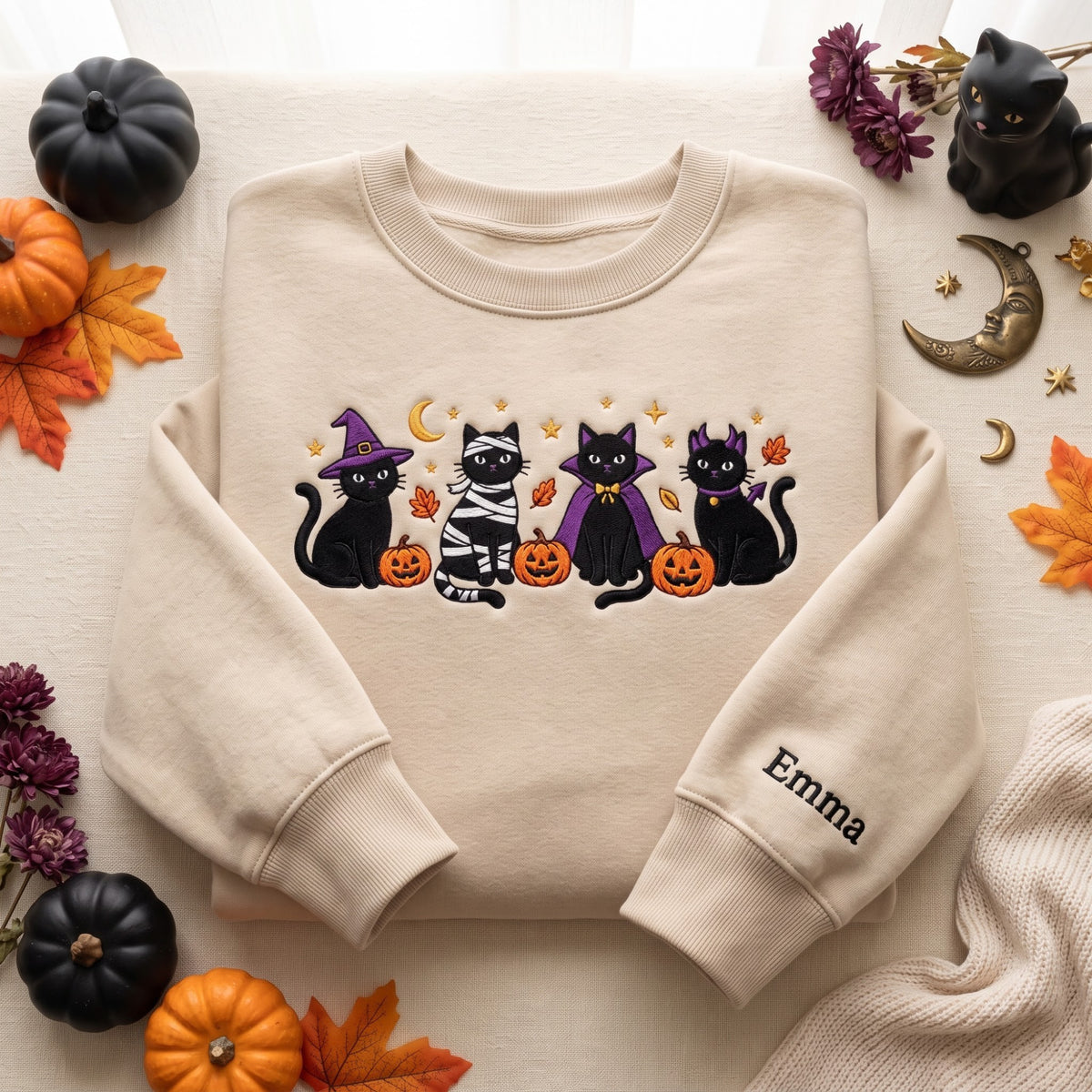 Personalized Halloween Four Black Cats Witch Mummy Vampire Devil Costumes Pumpkins embroidered sweatshirt — front view
