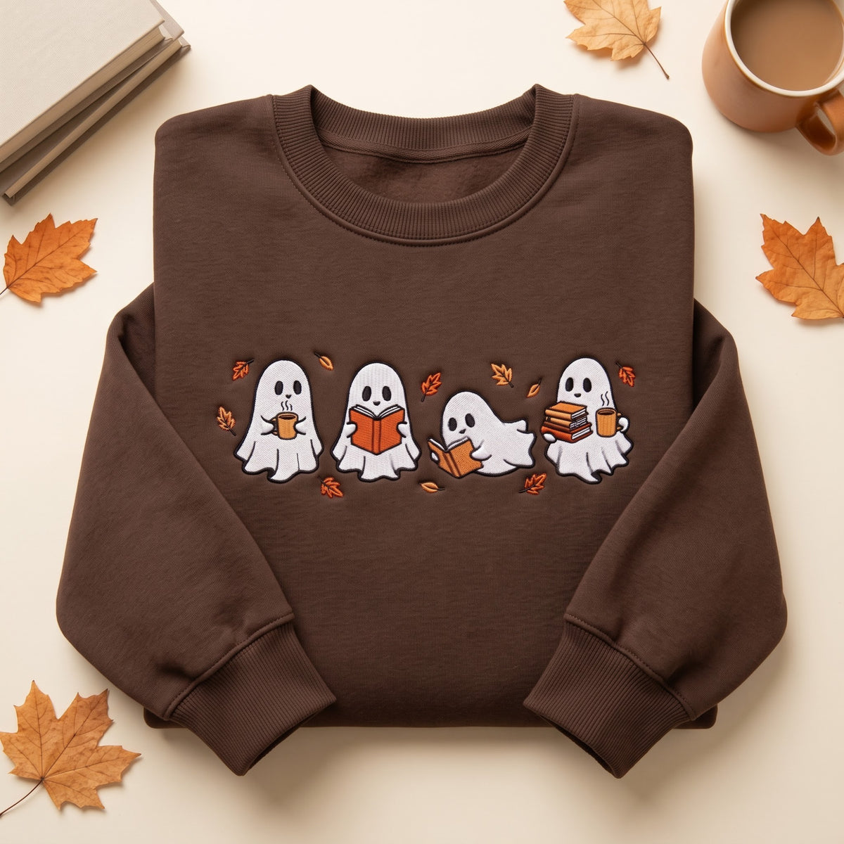Halloween Ghost Reading Books Coffee Autumn Leaves Four Scenes embroidered sweatshirt — front view