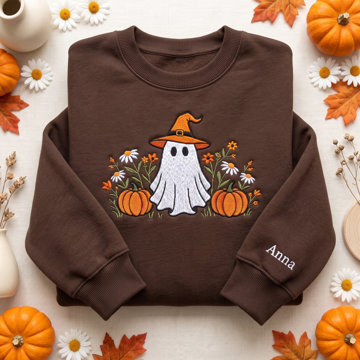 Personalized Halloween Ghost Witch Hat Pumpkins Wildflowers embroidered sweatshirt — front view