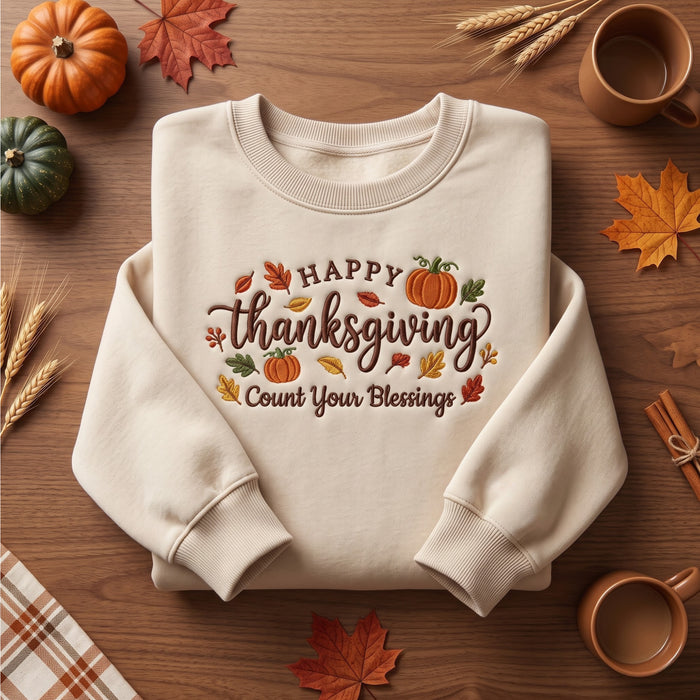 Happy Thanksgiving Count Your Blessings Pumpkin Fall Leaves Embroidered Sweatshirt