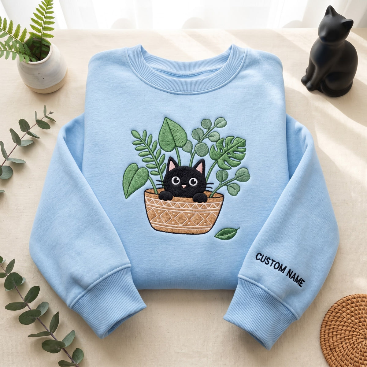 Personalized Black Cat in Plant Pot Houseplant Lover embroidered sweatshirt — front view