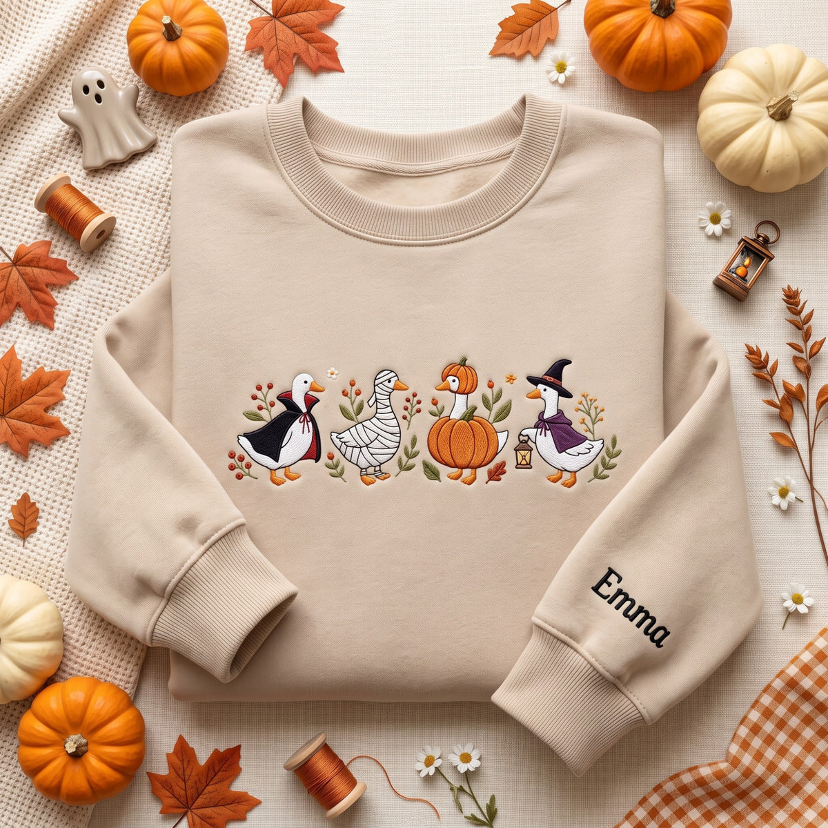 Personalized Halloween Geese Vampire Mummy Witch Pumpkin Floral embroidered sweatshirt — front view