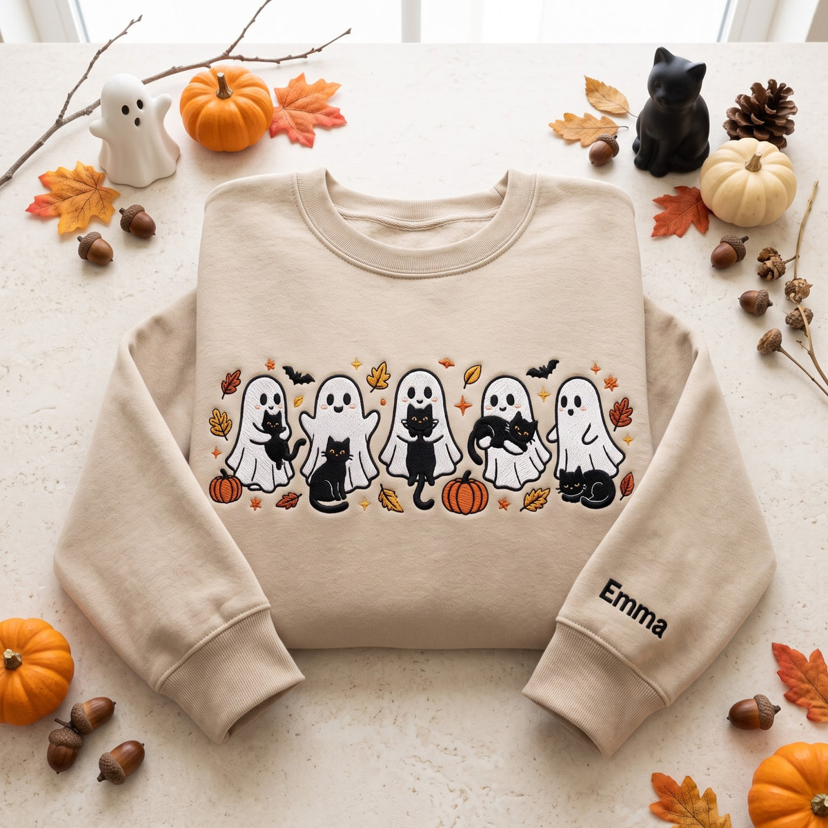 Personalized Halloween Ghost Black Cat Pumpkin Fall Leaves embroidered sweatshirt — front view