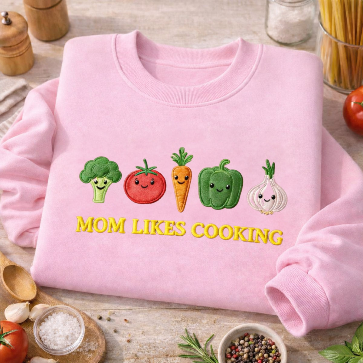 Mom Likes Cooking Cute Kawaii Vegetables Broccoli Tomato Carrot Pepper Garlic embroidered sweatshirt — front view