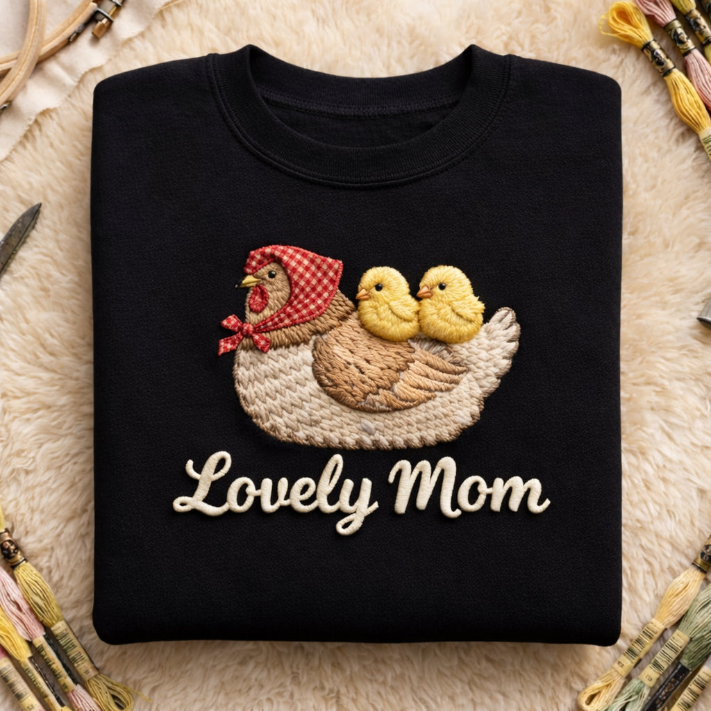 Lovely Mom Hen with Chicks Cottagecore Bandana Chicken embroidered sweatshirt — front view
