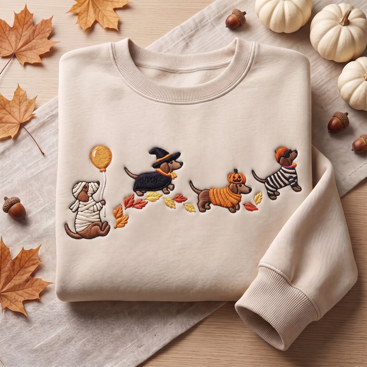 Halloween Dachshund Costumes Mummy Witch Pumpkin Prisoner Fall Leaves embroidered sweatshirt — front view