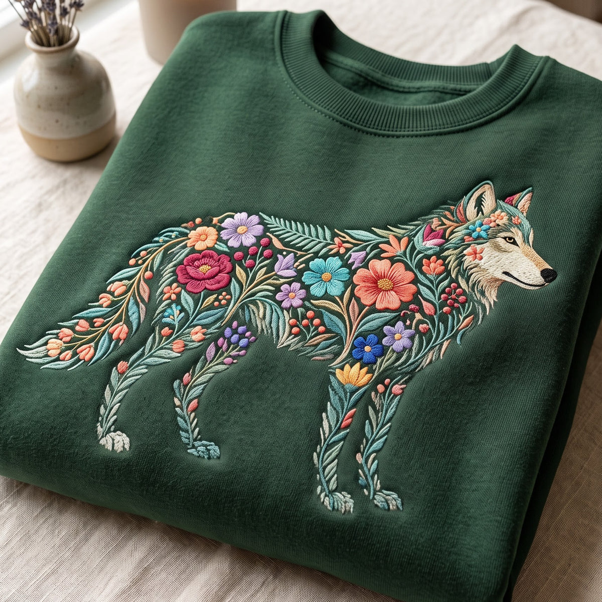Floral Wolf Wildflower Botanical Nature embroidered sweatshirt — front view