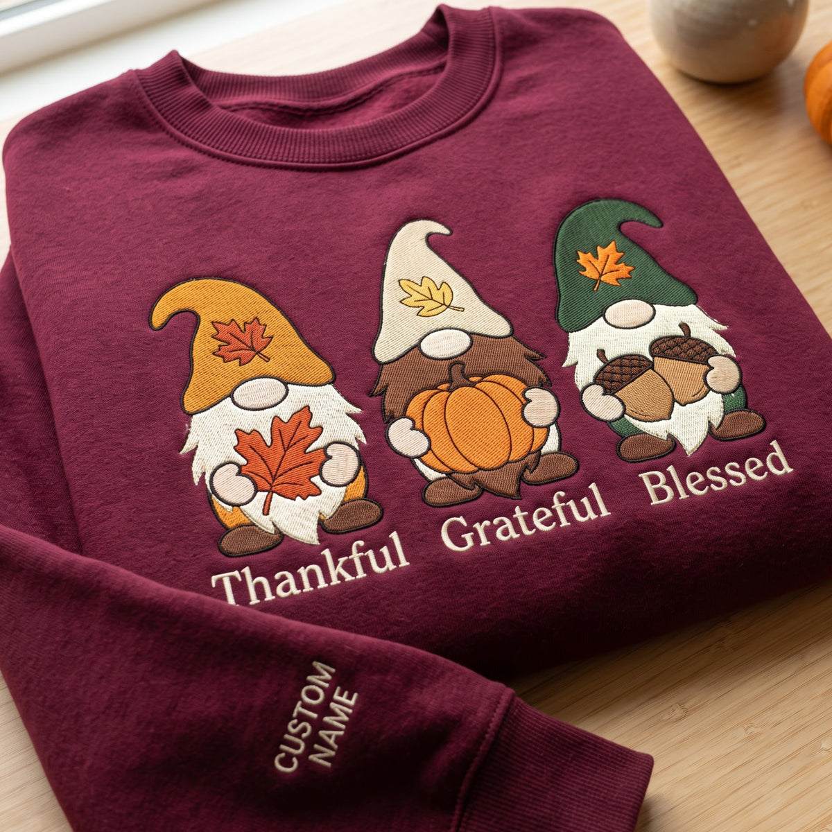 Personalized Fall Gnomes Thankful Grateful Blessed Custom Name Sleeve embroidered sweatshirt — front view