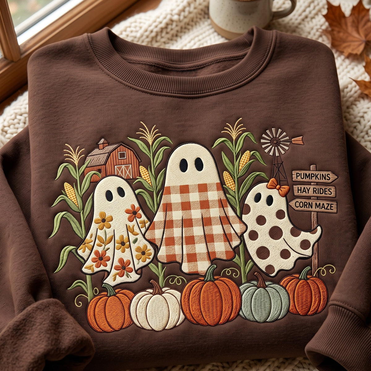 Halloween Three Ghosts Pumpkins Hay Rides Corn Maze Fall Farm embroidered sweatshirt — front view