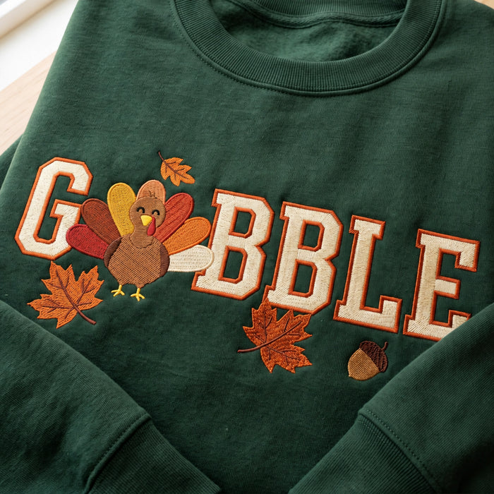 Personalized Gobble Turkey Maple Leaves Acorn Thanksgiving Embroidered Sweatshirt