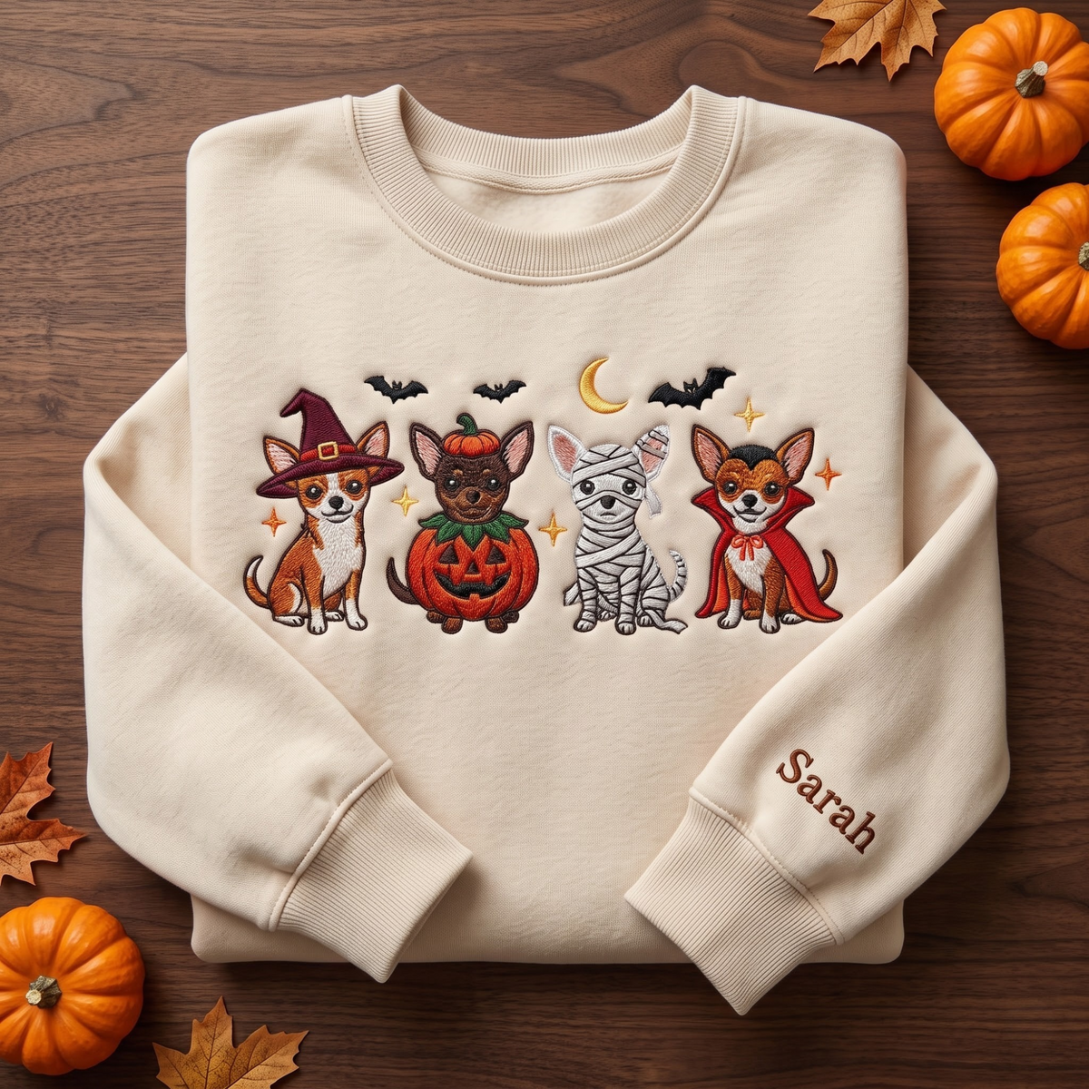 Personalized Halloween Chihuahua Witch Pumpkin Mummy Vampire Costumes embroidered sweatshirt — front view