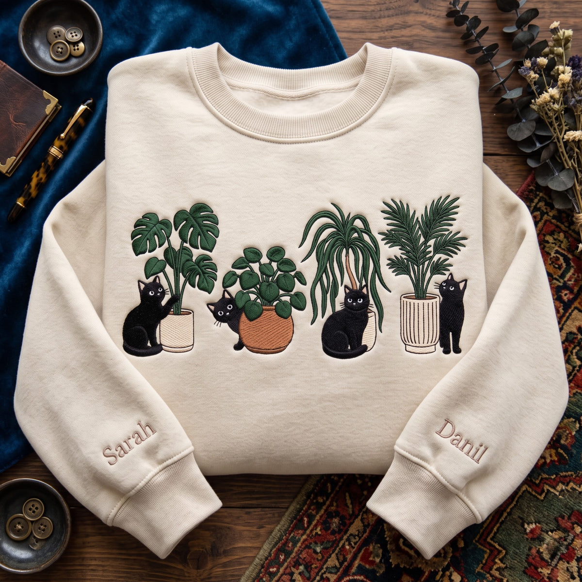 Personalized Black Cats Houseplants Monstera Palm embroidered sweatshirt — front view