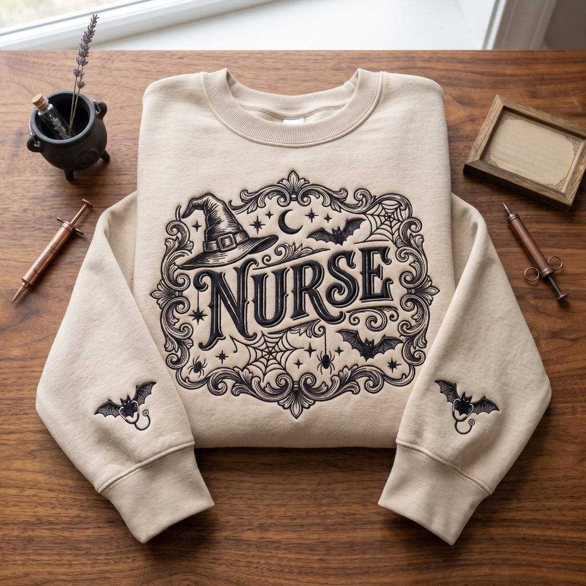 Halloween Nurse Witch Hat Bats Spider Web Vintage Frame embroidered sweatshirt — front view