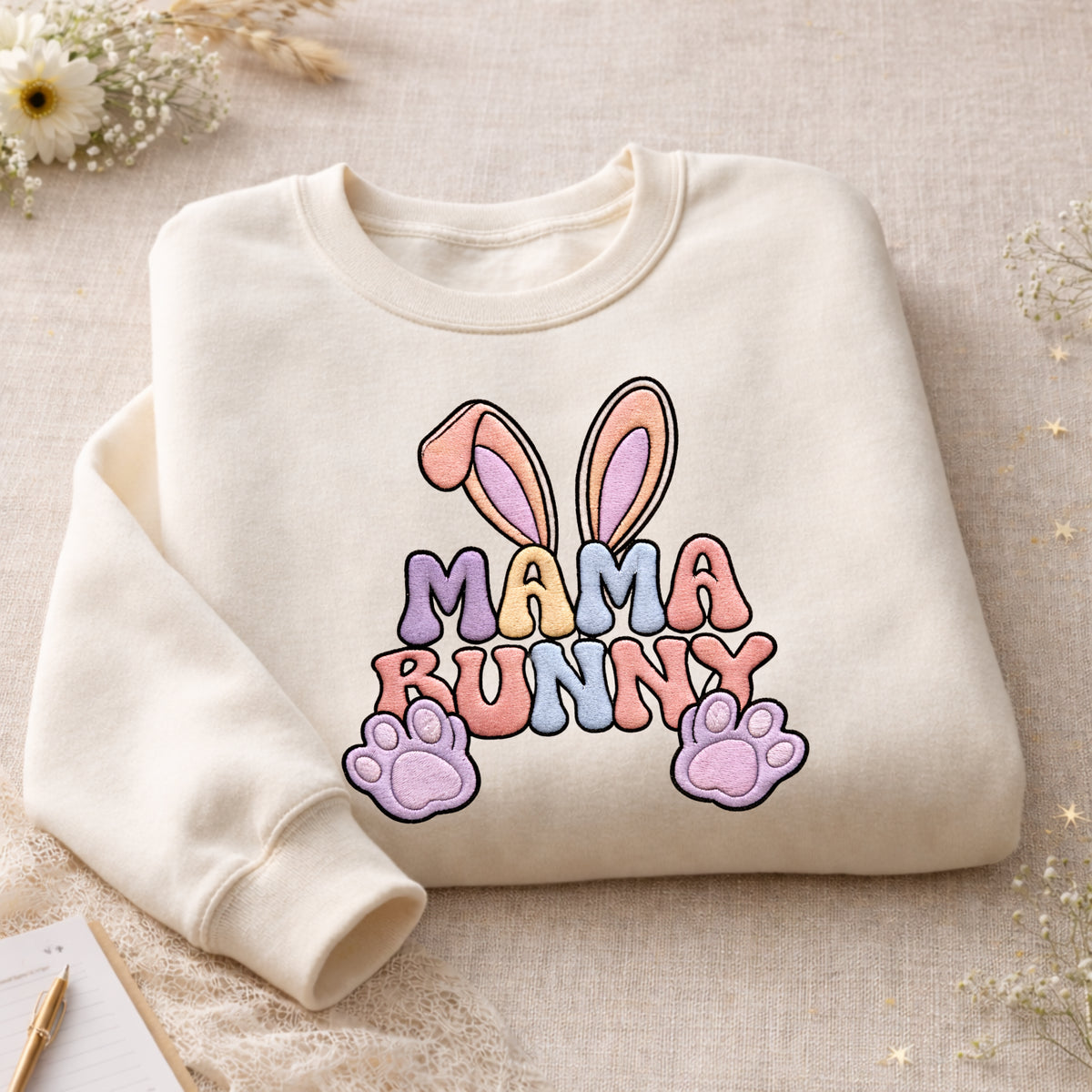 Mama Bunny Easter Pastel Puff Letters Bunny Ears Paws embroidered sweatshirt — front view