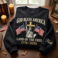 Personalized God Bless America Land of the Free 1776 2026 Statue of Liberty Cross Flags Faith Patriotic embroidered sweatshirt — front view
