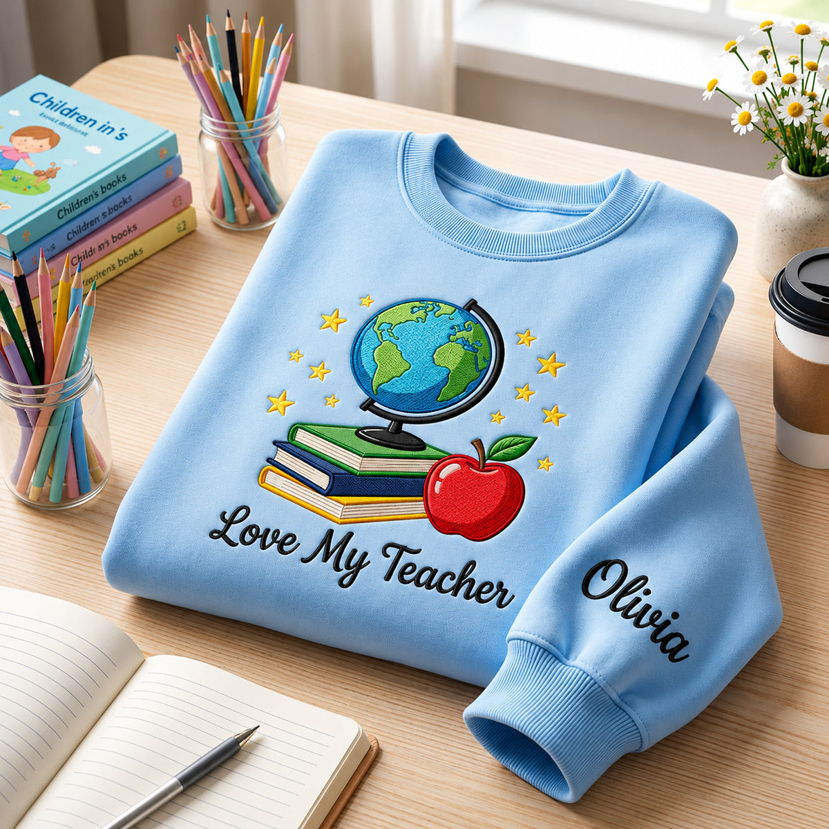 Personalized Love My Teacher Globe Books Apple Stars embroidered sweatshirt — front view