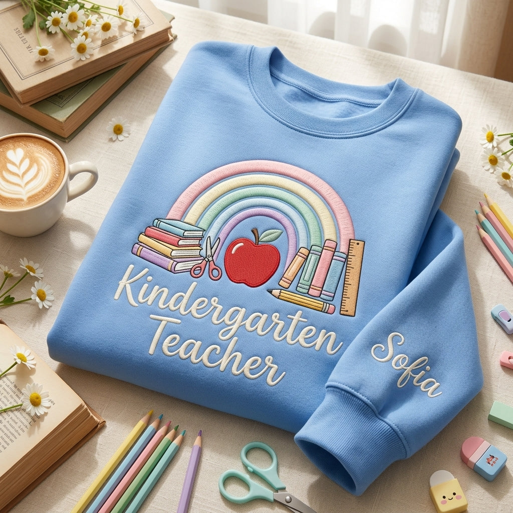 Personalized Kindergarten Teacher Rainbow Apple Books Scissors embroidered sweatshirt — front view
