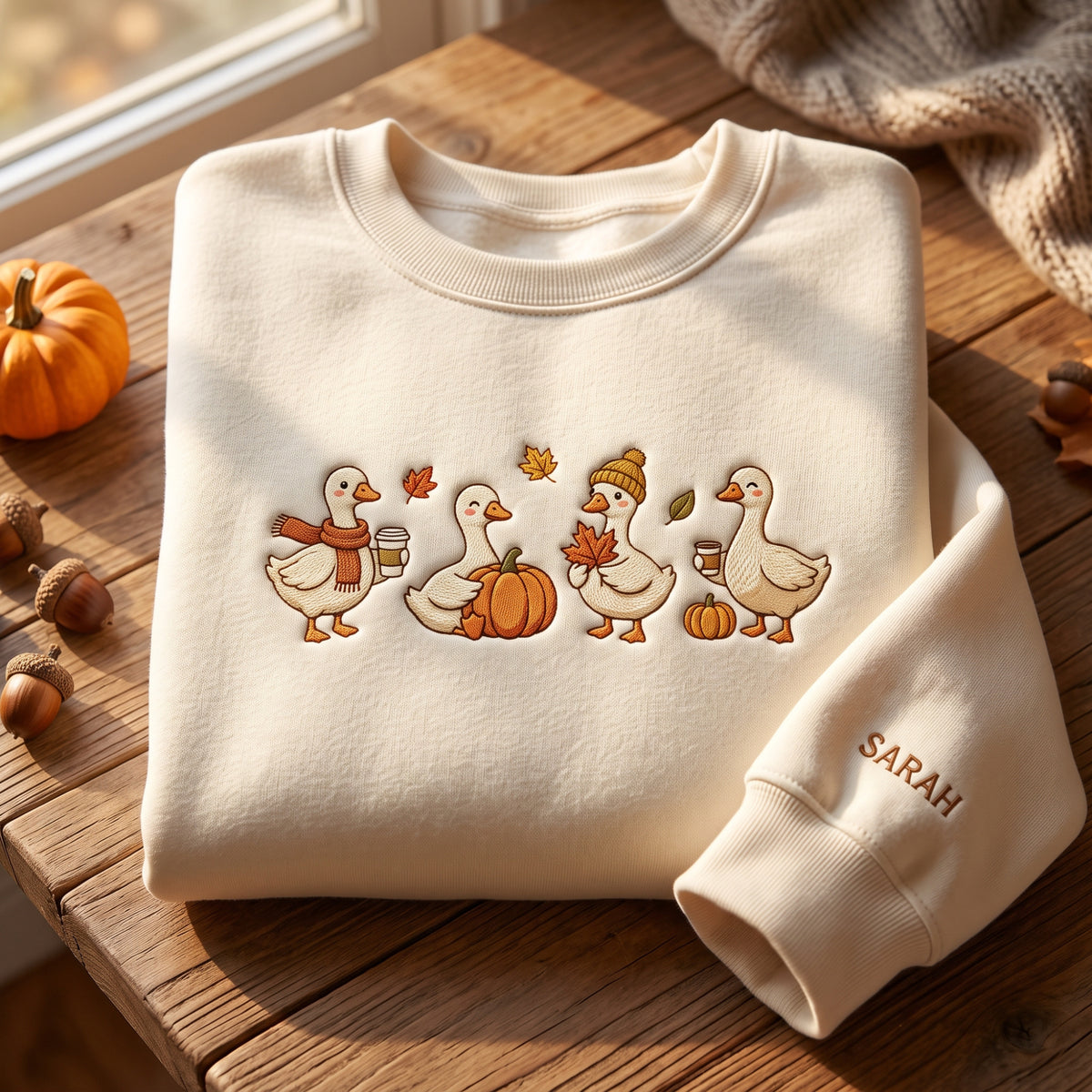 Personalized Fall Autumn Geese Pumpkin Coffee Leaves embroidered sweatshirt — front view