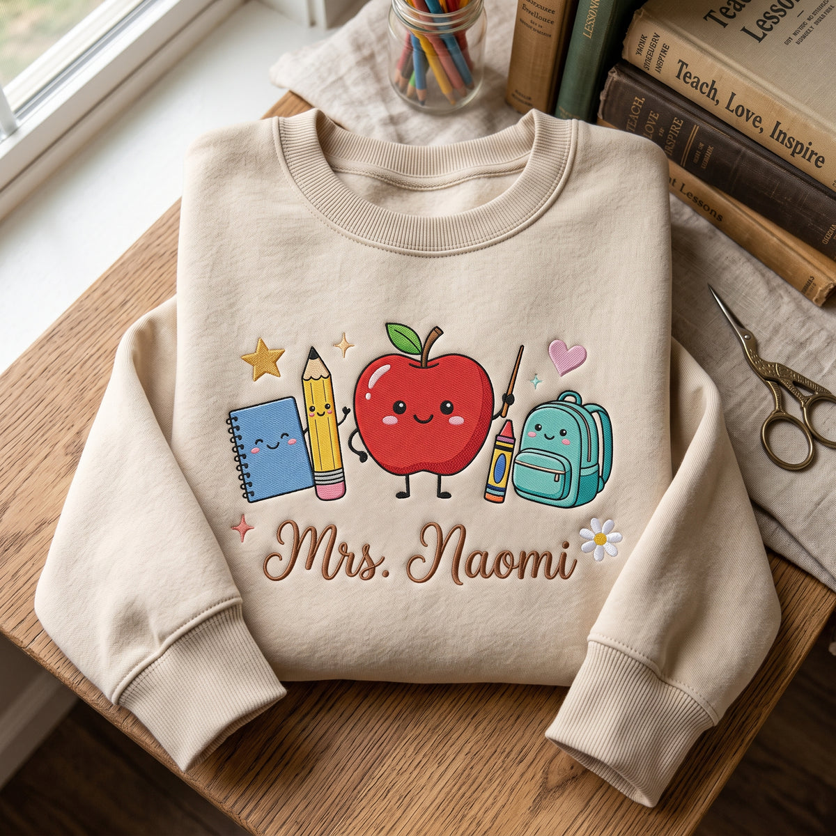 Personalized Teacher Apple Notebook Pencil Crayon Backpack Kawaii to School embroidered sweatshirt — front view