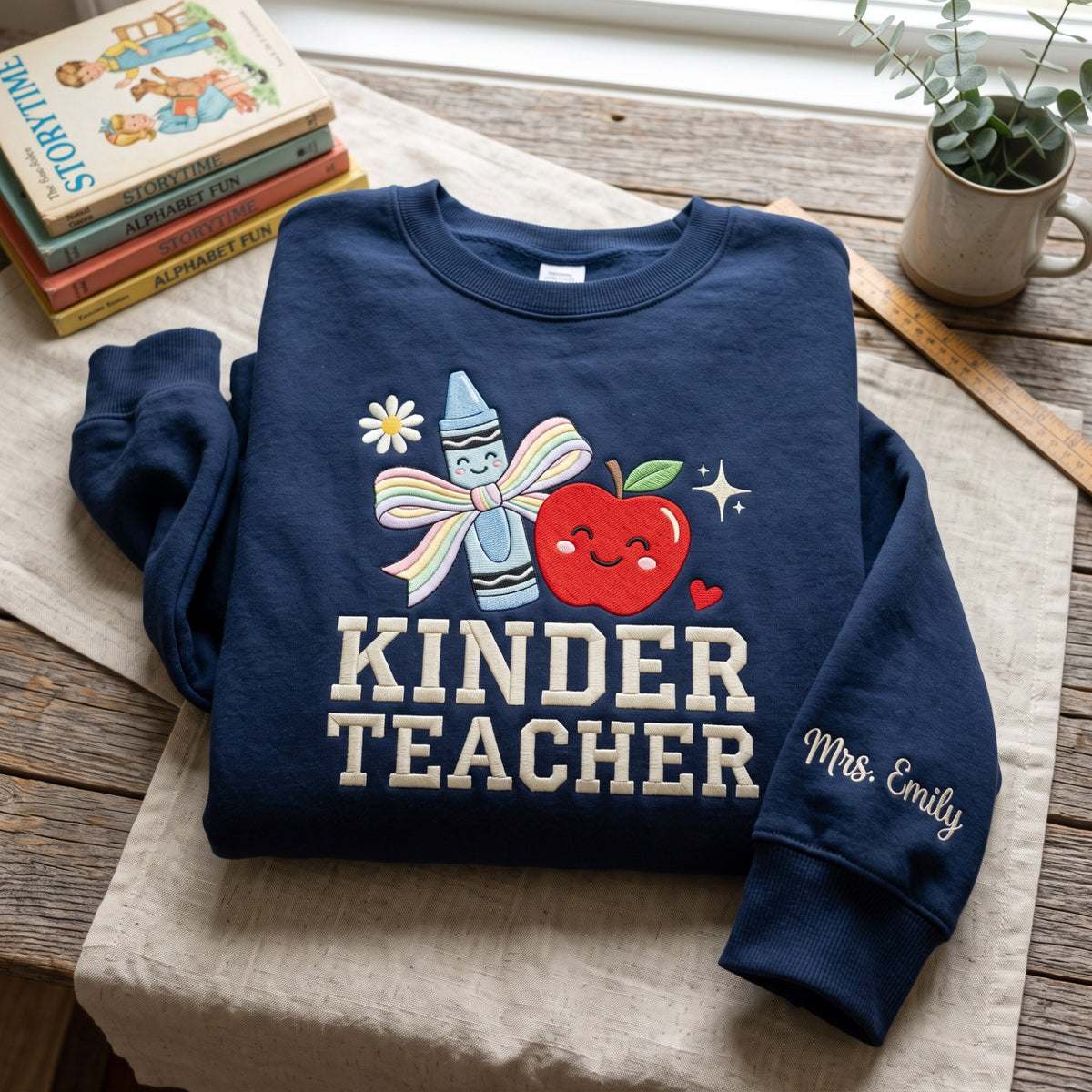Personalized Kinder Teacher Crayon Apple Coquette Bow Daisy embroidered sweatshirt — front view