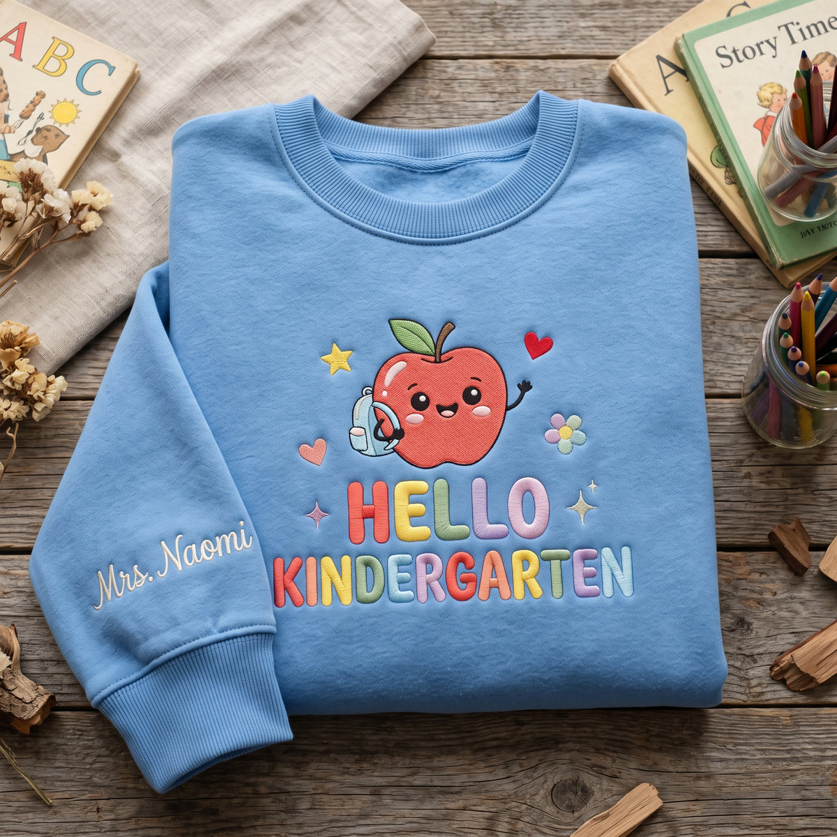 Personalized Hello Kindergarten Cute Apple to School Teacher embroidered sweatshirt — front view