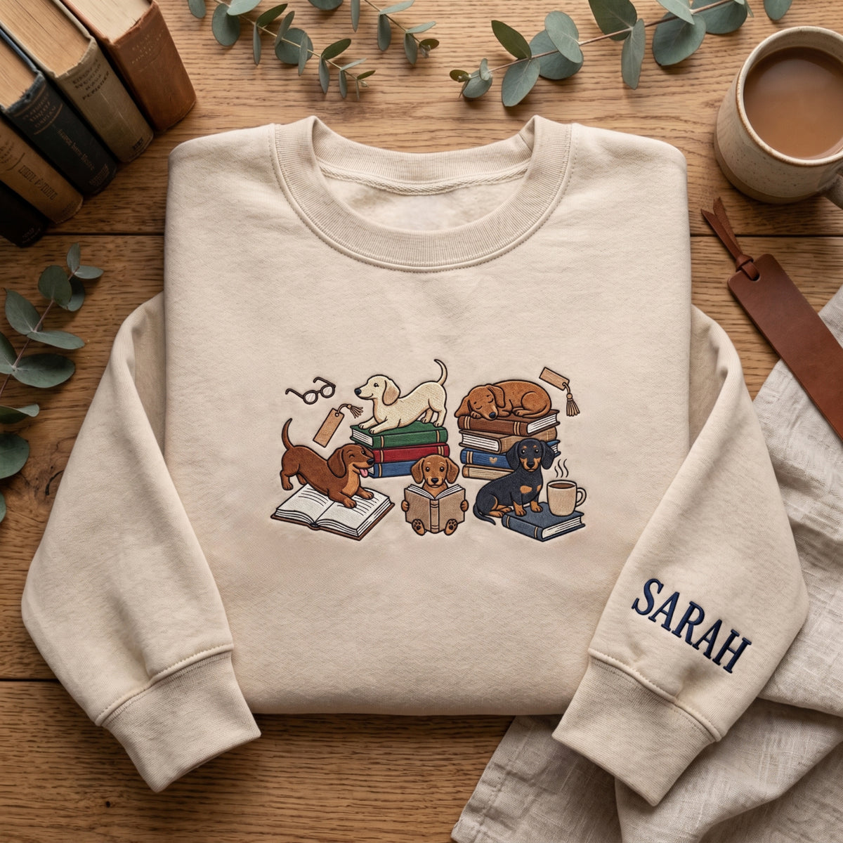 Personalized Dachshund Book Lover Reading Dogs Stacked Books embroidered sweatshirt — front view