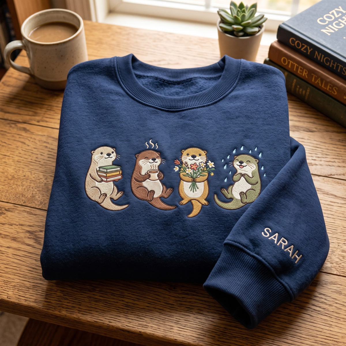 Personalized Cute Otters Books Coffee Flowers Rain embroidered sweatshirt — front view
