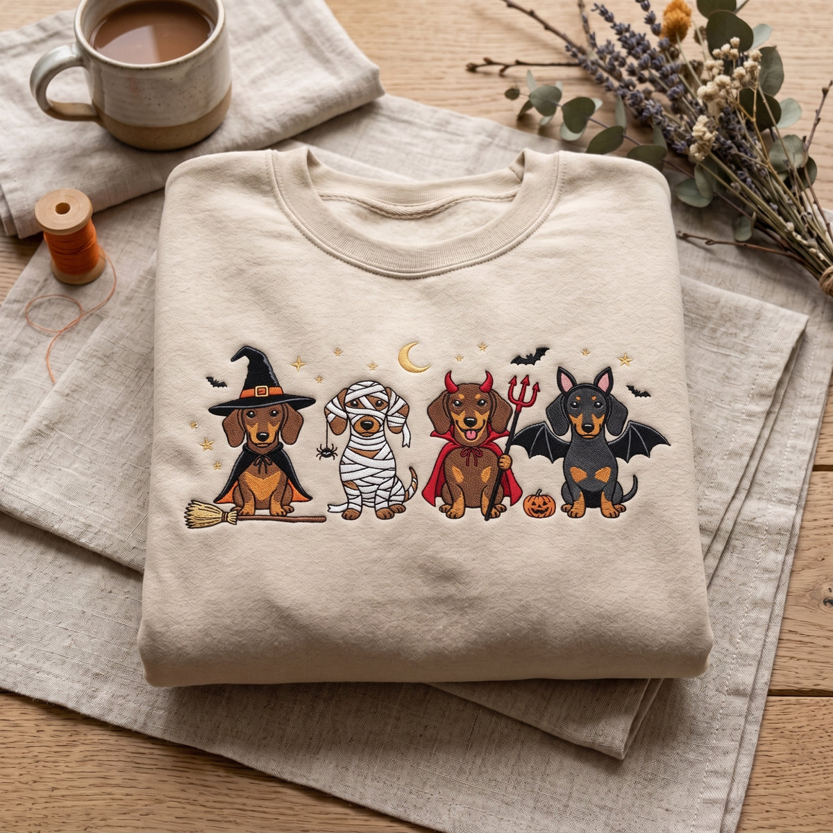 Halloween Dachshund Witch Mummy Devil Bat Costume embroidered sweatshirt — front view
