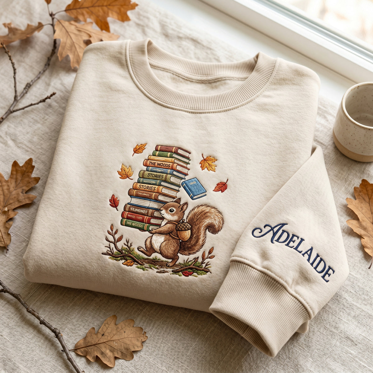 Personalized Fall Squirrel Book Stack Acorn Autumn Leaves embroidered sweatshirt — front view