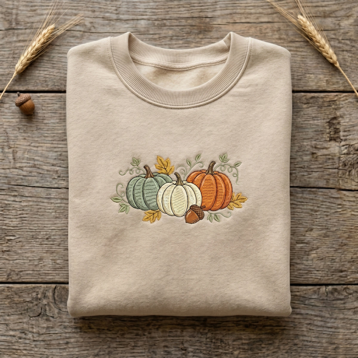 Fall Three Pumpkins Acorn Autumn Leaves Vines embroidered sweatshirt — front view