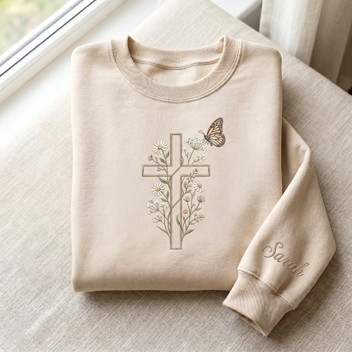 Personalized Floral Cross Wildflower Butterfly Faith embroidered sweatshirt — front view