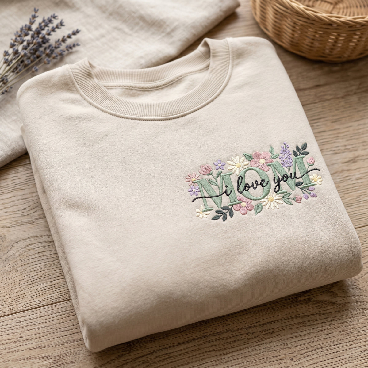 Mom I Love You Wildflower Floral Left Chest embroidered sweatshirt — front view