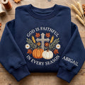 Personalized God Is Faithful in Every Season Fall Cross Pumpkin Floral embroidered sweatshirt — front view