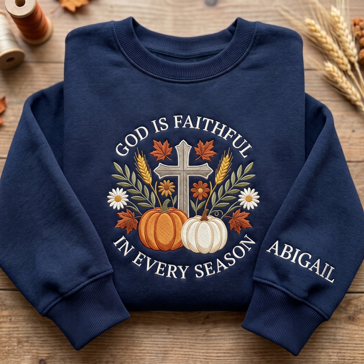 Personalized God Is Faithful in Every Season Fall Cross Pumpkin Floral embroidered sweatshirt — front view