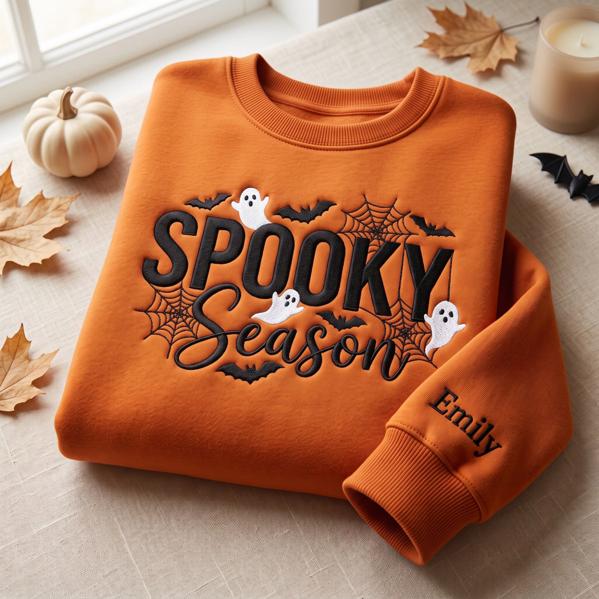 Personalized Spooky Season Ghost Bat Spider Web Halloween embroidered sweatshirt — front view