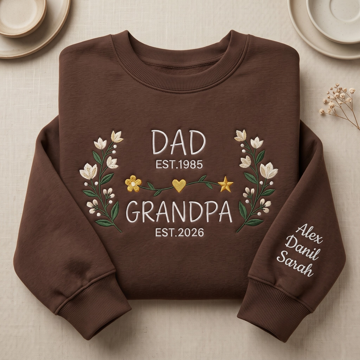 Personalized Dad Grandpa EST Year Floral Wreath Names on Sleeve embroidered sweatshirt — front view